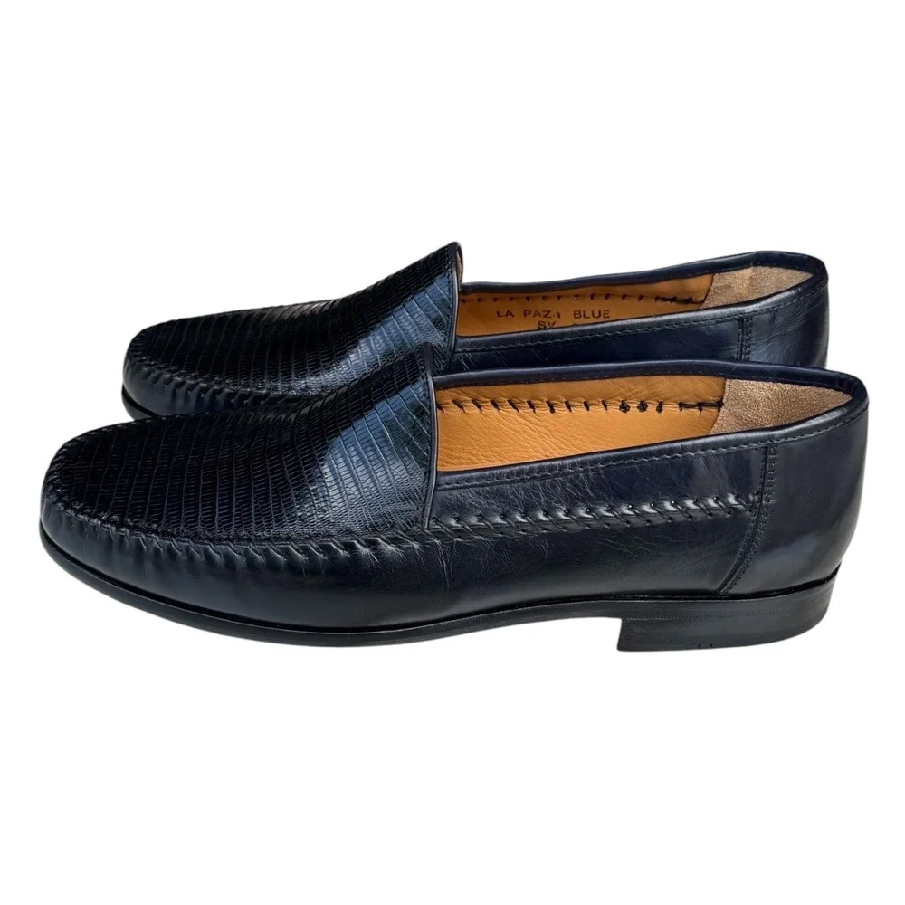 Sandro Moscoloni La Paz-1 Navy Blue Lizard Embossed Leather Loafers Mens 9D EU42